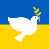 Abgebildet ist eine Friedenstaube vor der blau, gelben Fahne der Ukraine.