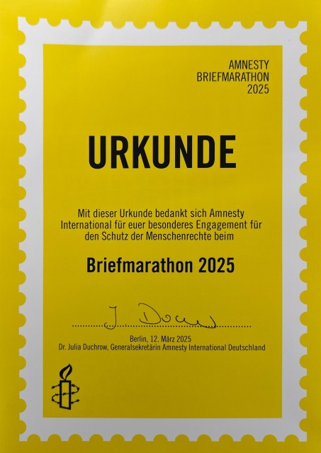 Die Urkunde von Amnesty International f&uuml;r die Teilnahme am Briefmarathon 2025